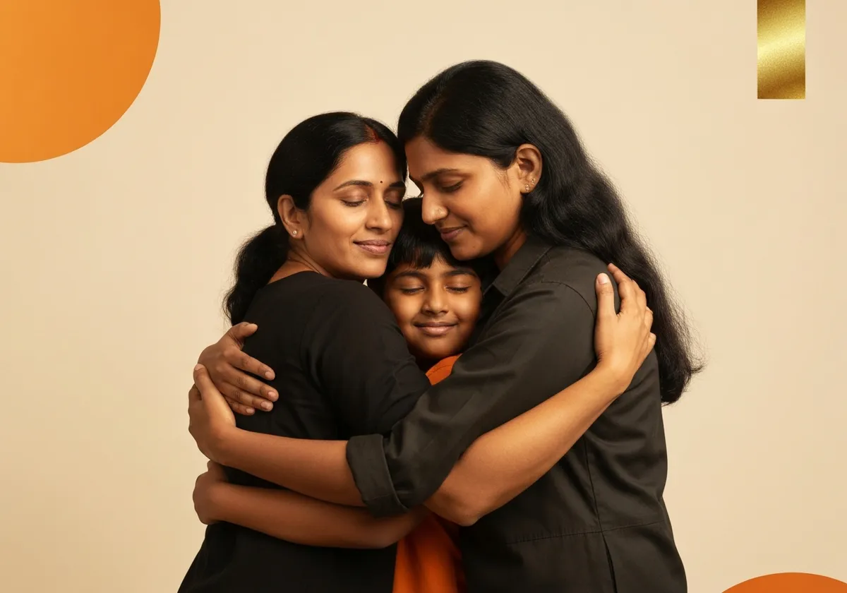 Indian family hugging together secure and protected