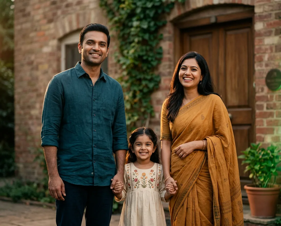 Joyful Indian parents holding hands with their smiling daughter in front of home
