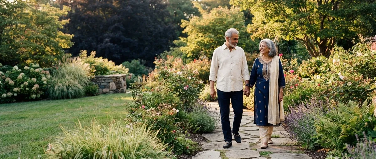 A serene retired Indian couple enjoying a tranquil walk through a lush sunlit garden, holding hands and smiling with total ease and peace of mind