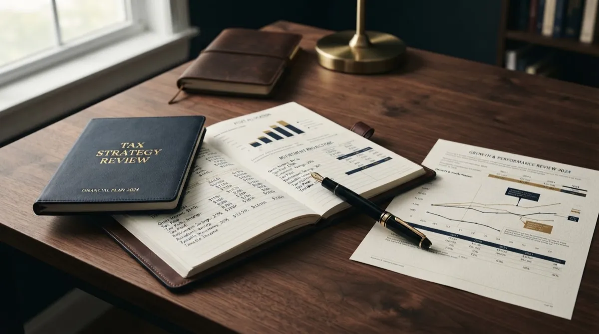 Financial charts and tax planning ledger placed beside fountain pen on wooden desk
