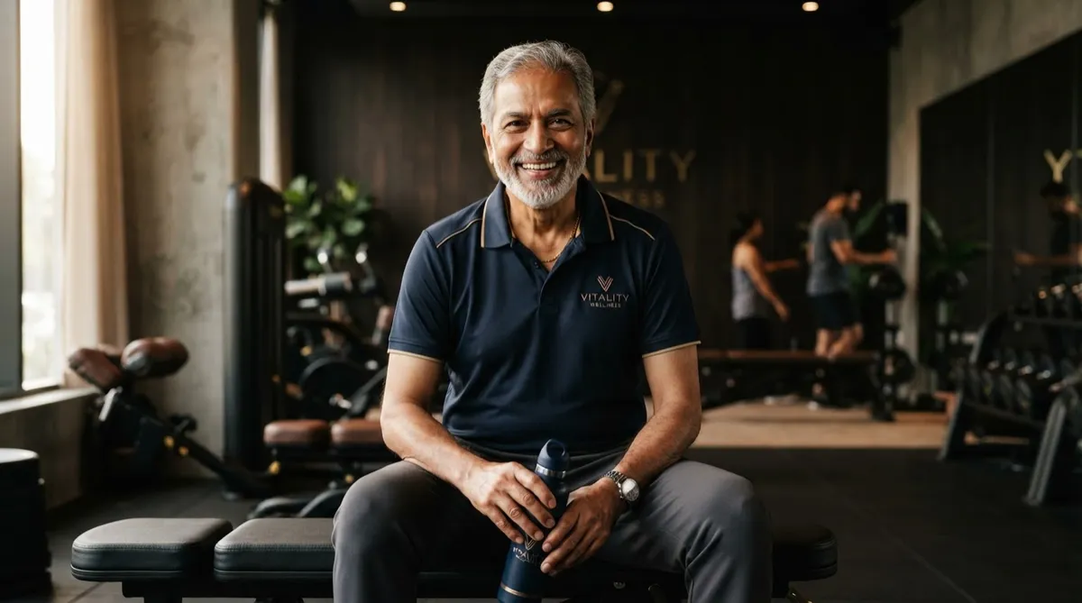 Active Indian retiree smiling in a modern private wellness facility