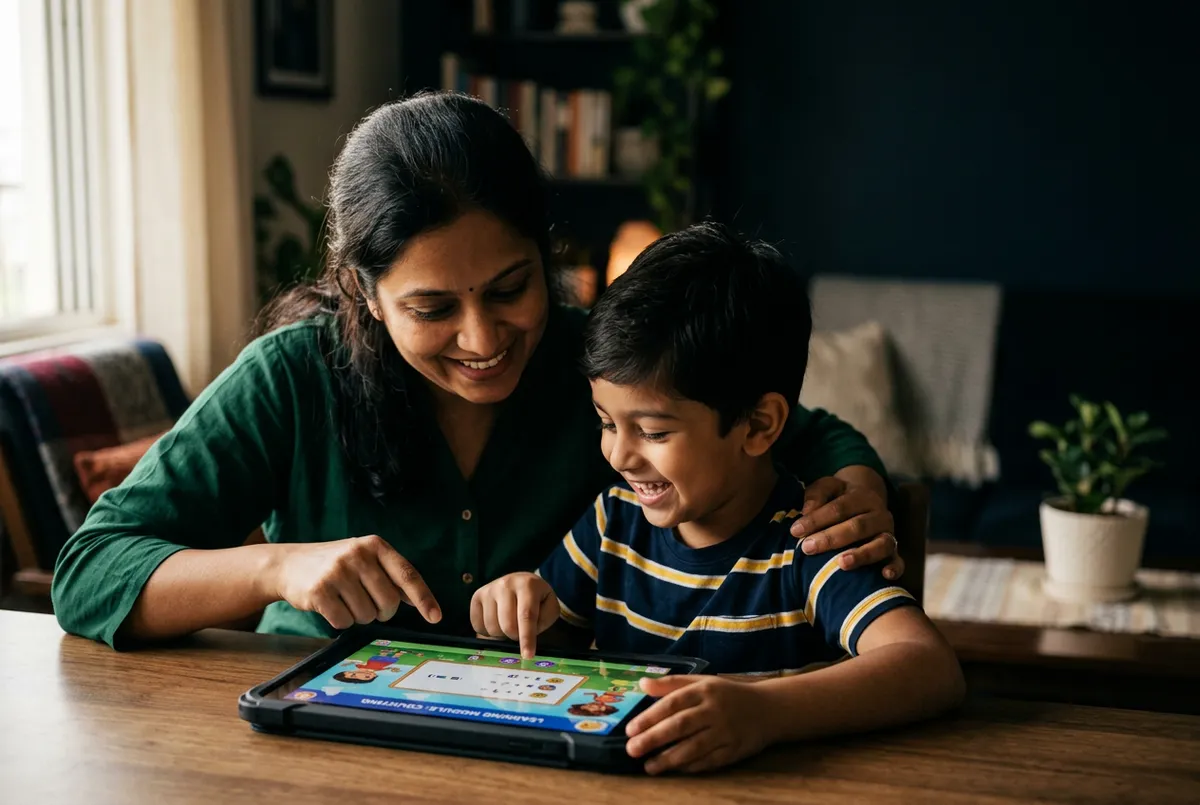 Indian mother guiding her son on tablet learning module with happy smiling expression