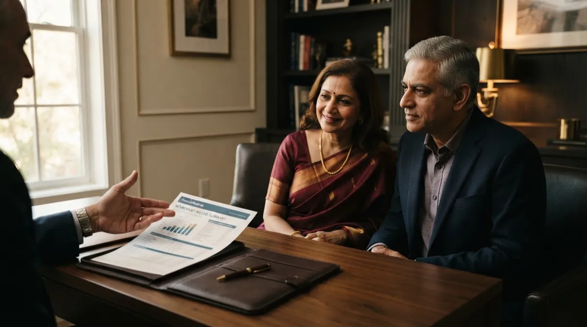 Senior retirement wealth advisor conducting an in-depth financial strategy review in a refined private office