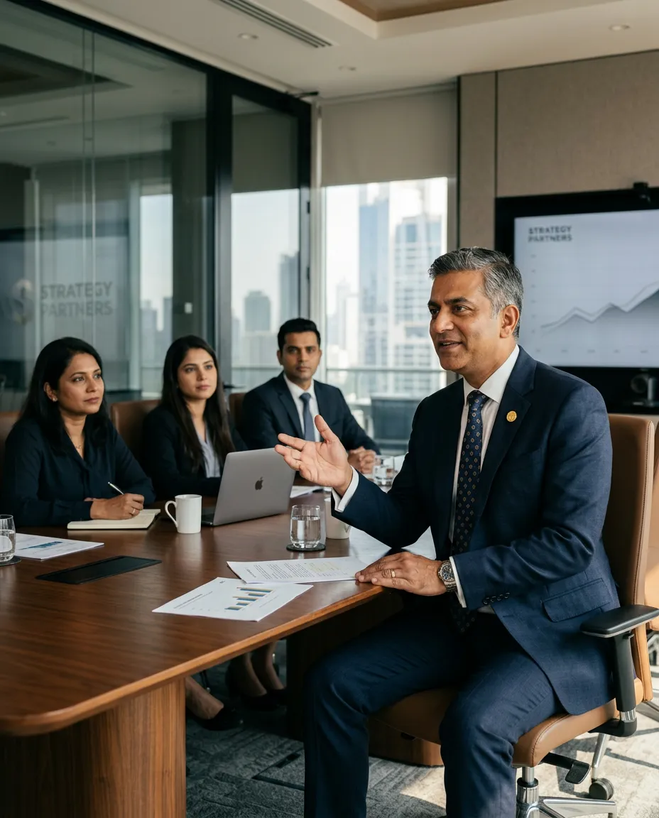 Chandan Kumar mentoring financial advisors in a prestigious corporate boardroom