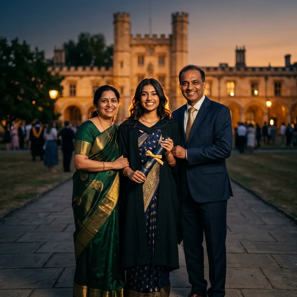 Proud Indian graduate child holding degree certificate with supportive smiling parents in background celebrating bright career success