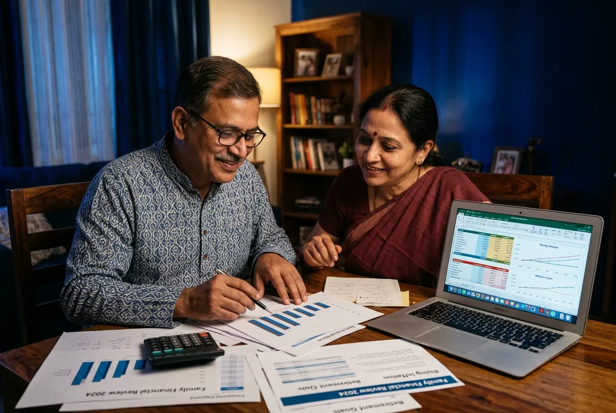 Indian parents reviewing family financial planning charts together with optimism