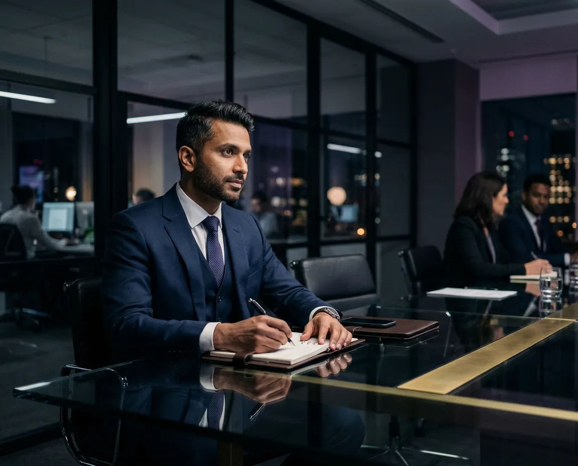 Dedicated corporate strategist analyzing portfolio models in a premium office setting
