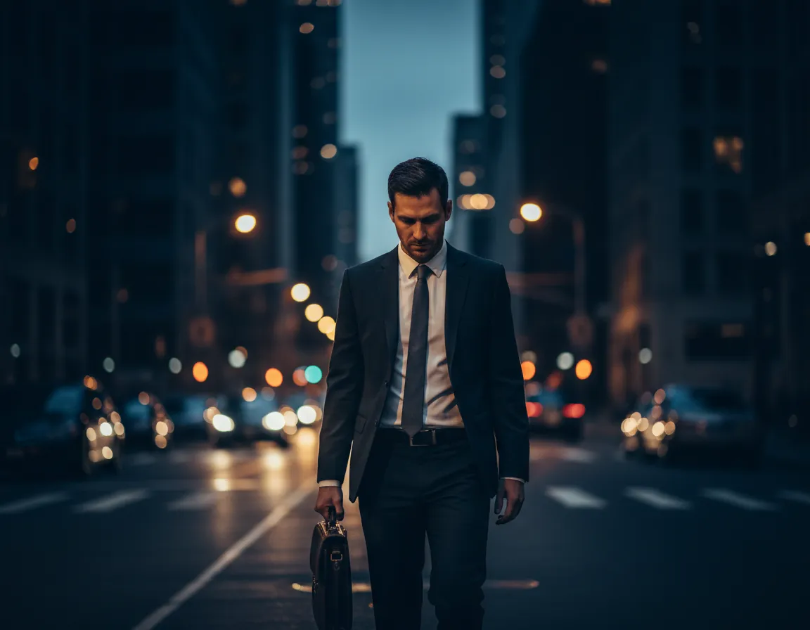 Exhausted advisor travelling for evening client visit