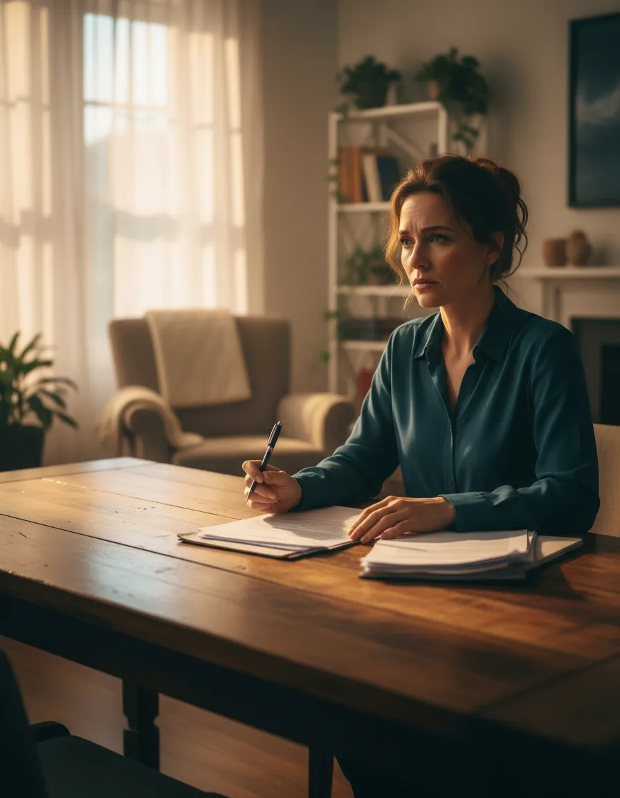 Stressed parent or thoughtful parent considering financial future