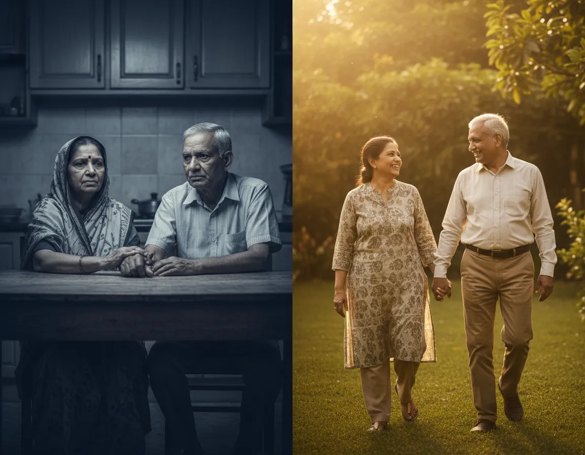 Composite image showing emotional contrast of a worried elderly couple vs a financially secure retired couple