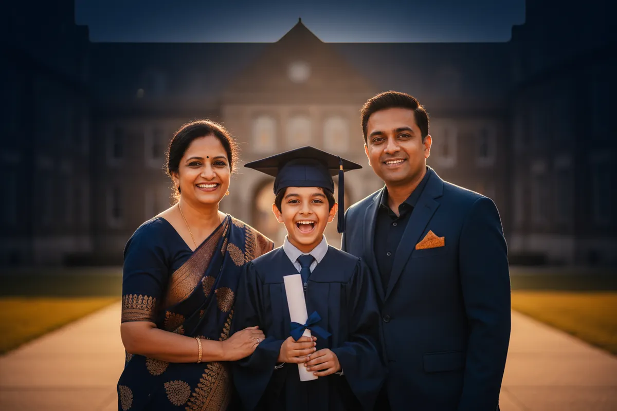 Happy family celebrating child graduating college