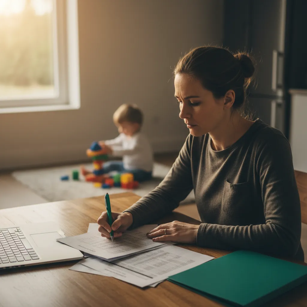 Worried parent looking at budgeting documents and child