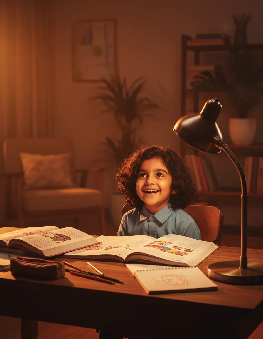 A happy child studying, representing parents' dream for their education