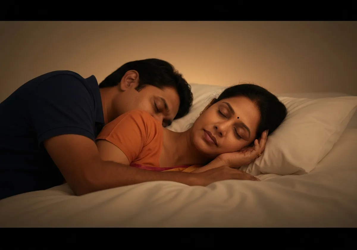 Indian parents sleeping peacefully knowing their child's future is secure