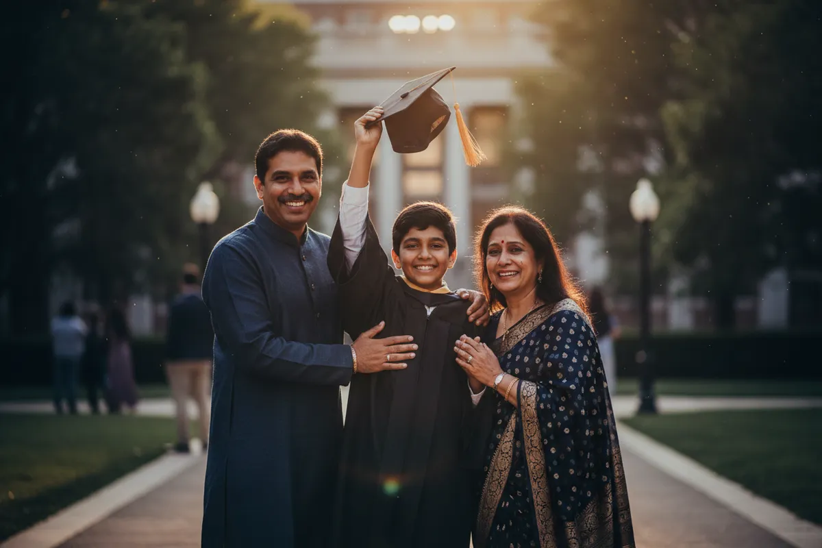 Proud Indian parents celebrating their child's graduation