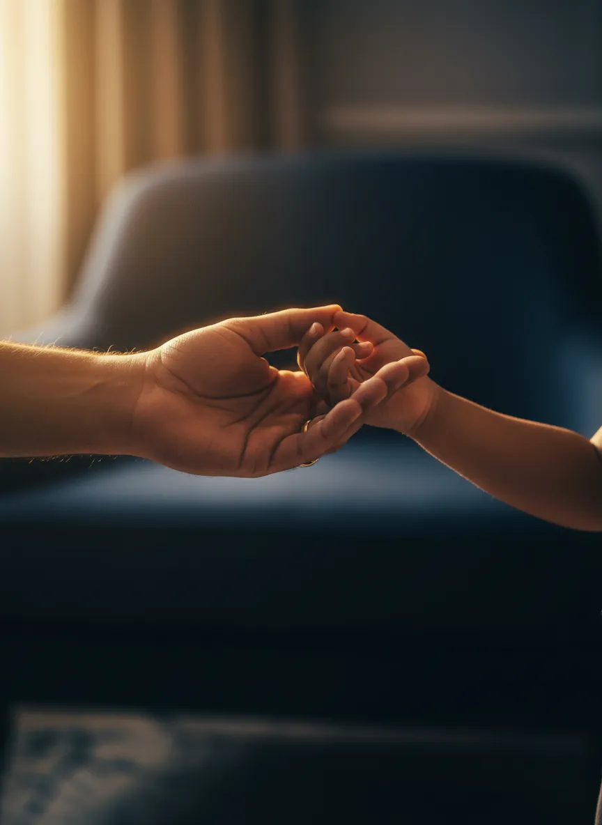Emotional image of a daughter holding her parent's hand
