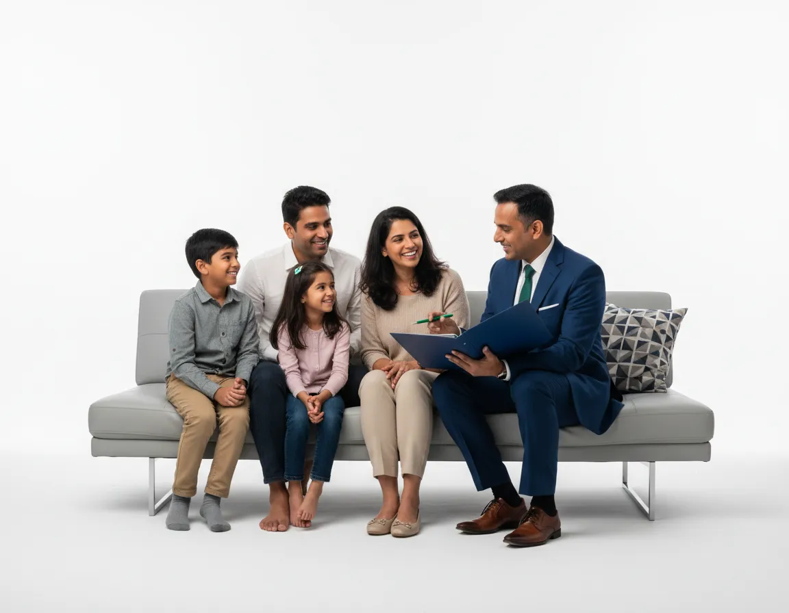Professional Indian financial advisor assisting a family with financial planning