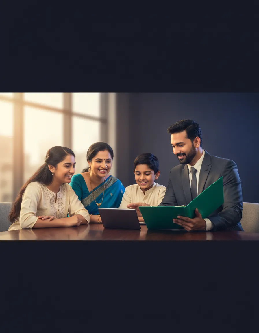Consultant with happy Indian family discussing financial protection