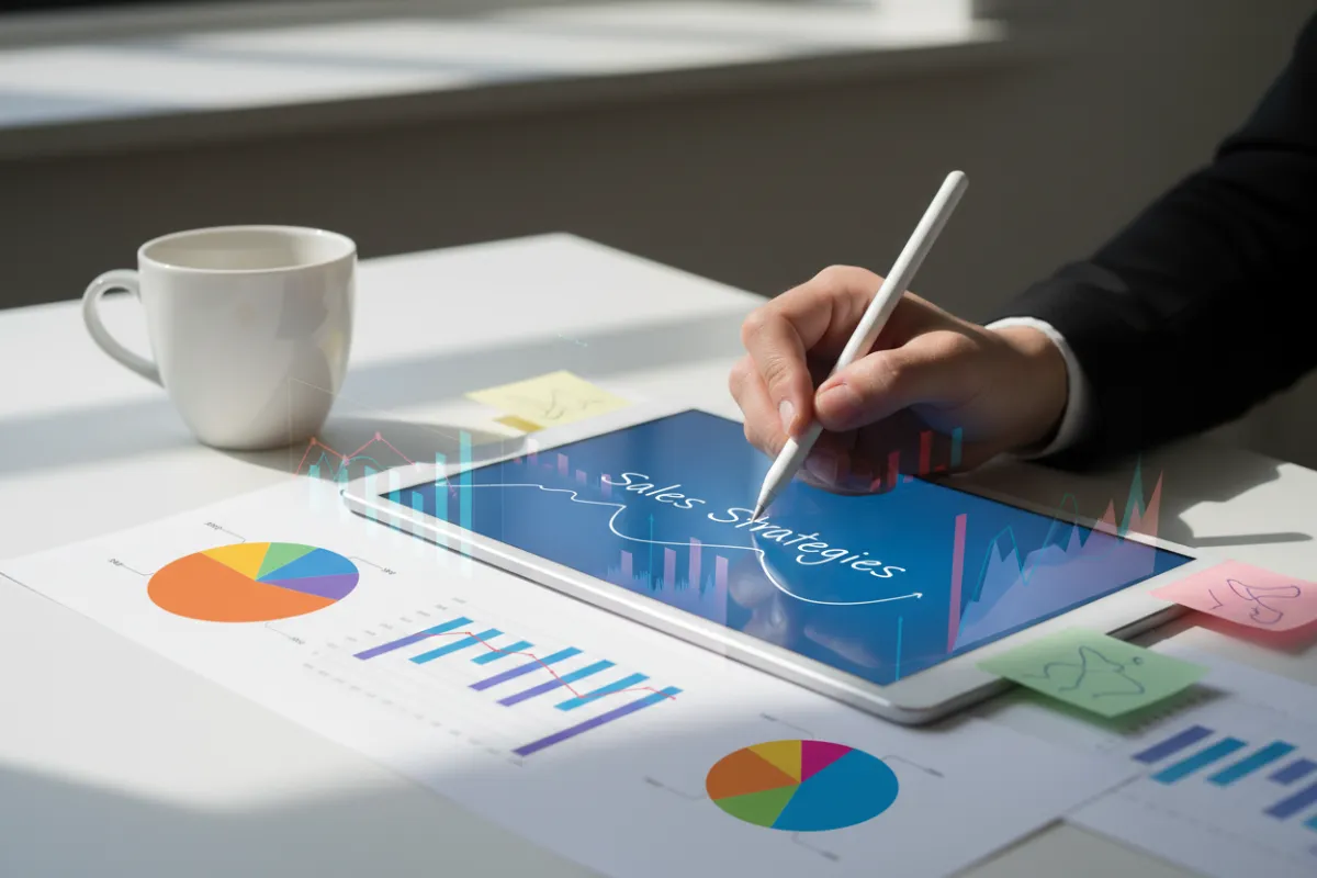 A close-up of a hand writing sales strategies on a digital tablet, surrounded by colorful charts and graphs. The workspace is modern, with a coffee cup and motivational sticky notes visible. 3:2 aspect ratio.