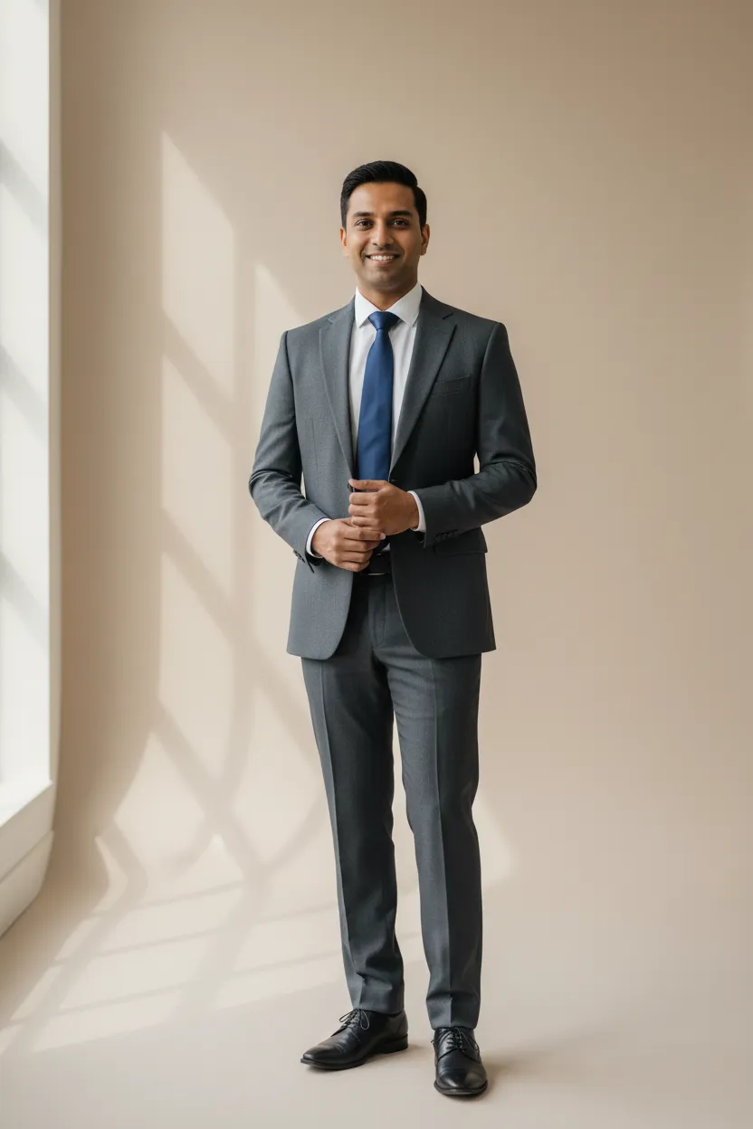 Full-size vertical portrait of an Indian professional male in business attire, neutral background
