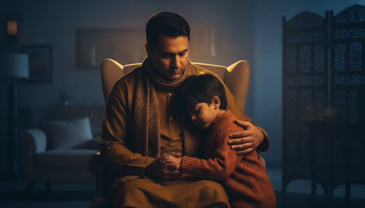 Emotional Indian parent and child holding hands