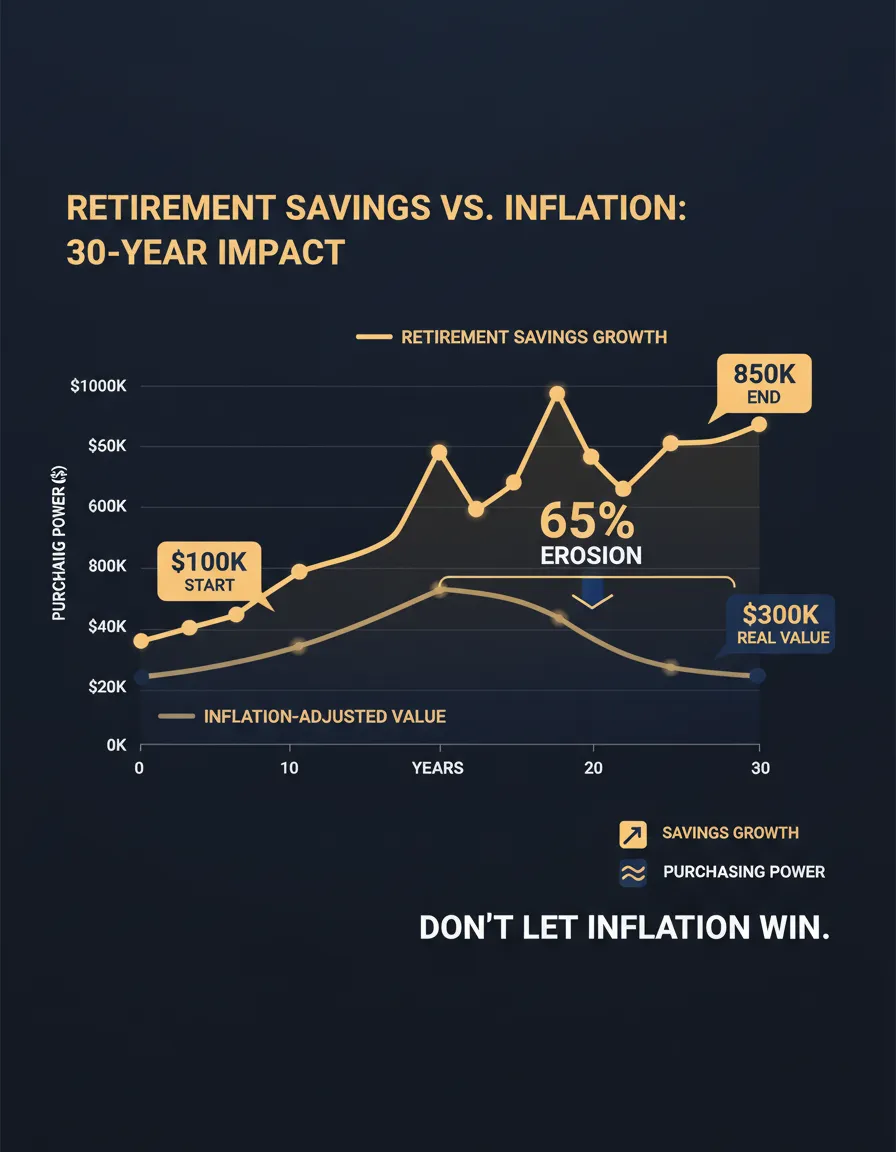 Infographic showing inflation eroding savings over a 30 year timeline