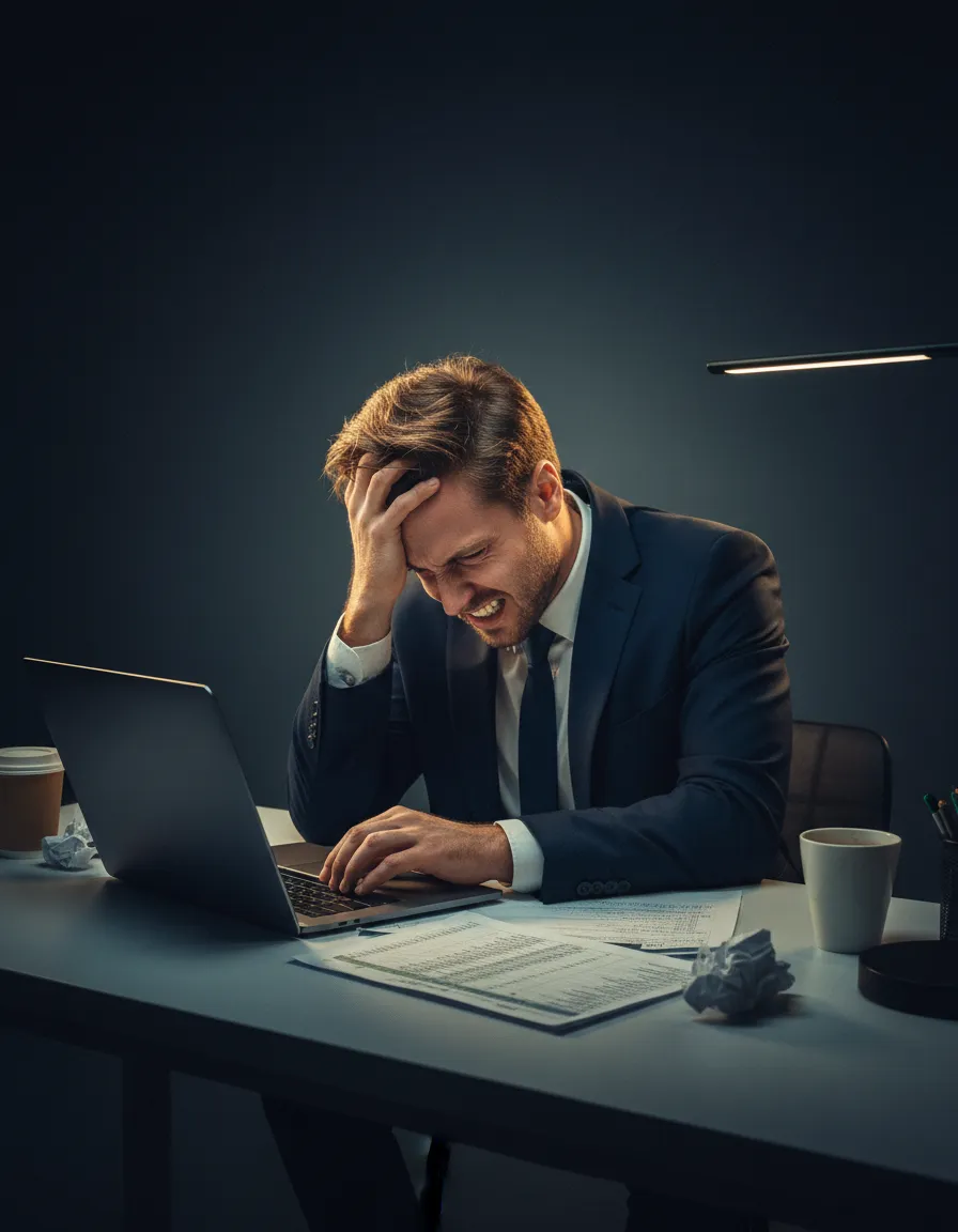 Frustrated corporate employee working late