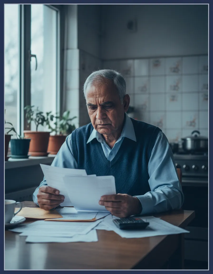 Senior citizen looking worried while reviewing financial documents