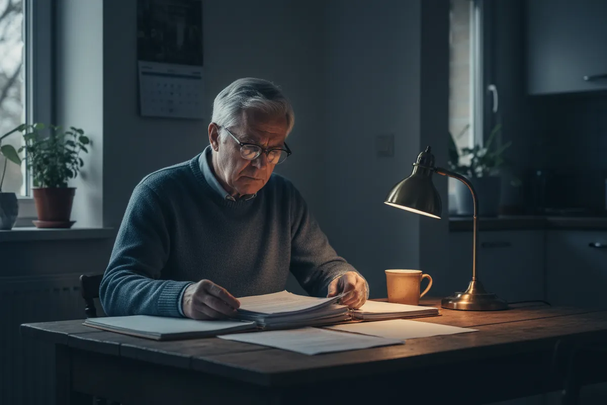 Senior looking concerned about financial documents