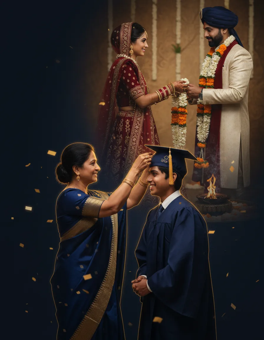 Graduation ceremony and Indian wedding collage