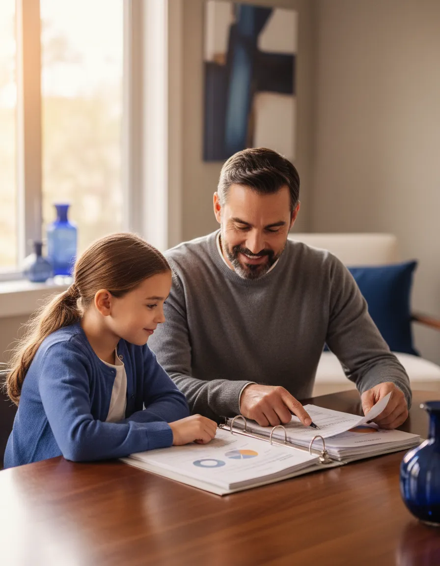 Father and daughter looking at future financial plans together