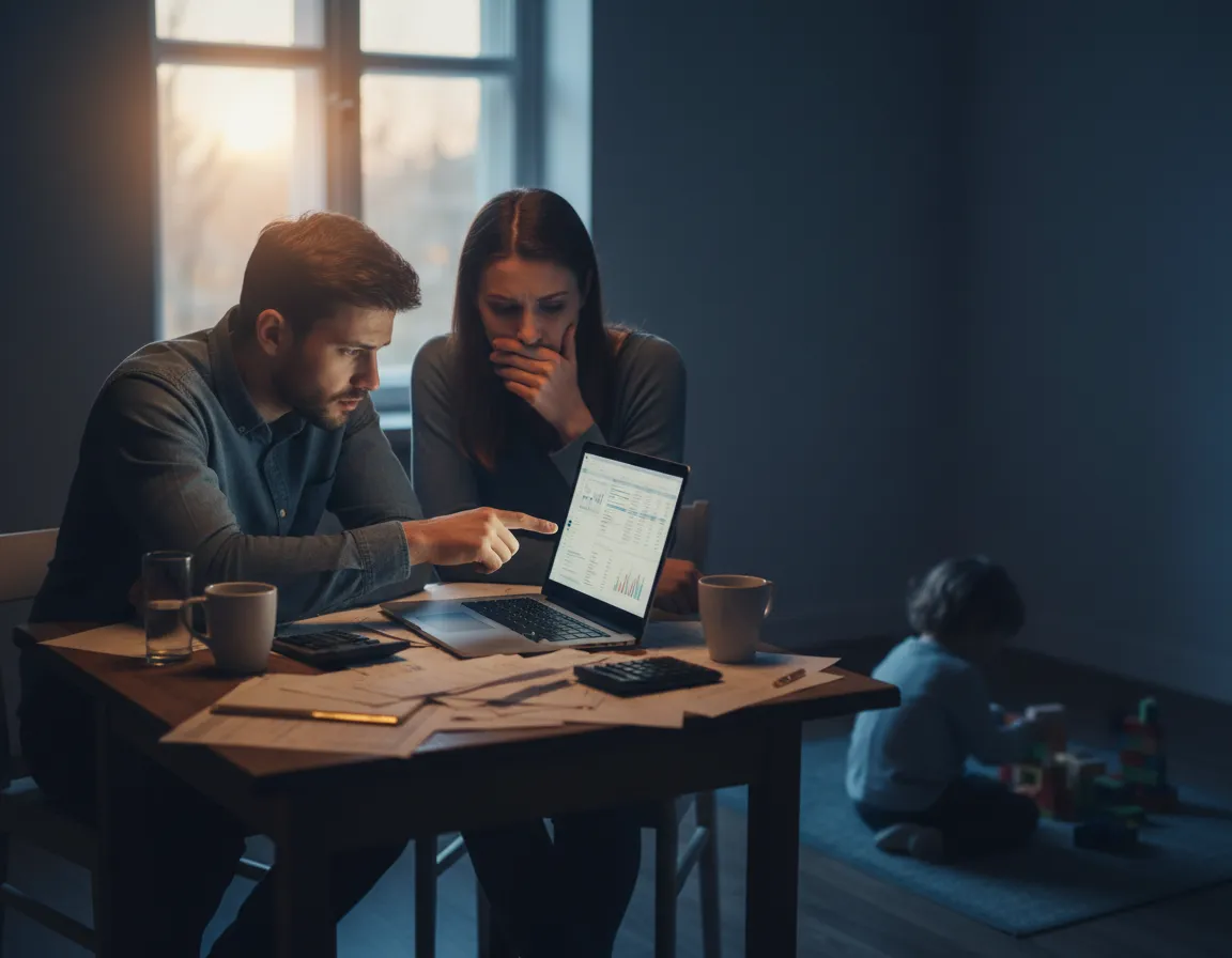 Worried parents calculating child's future expenses