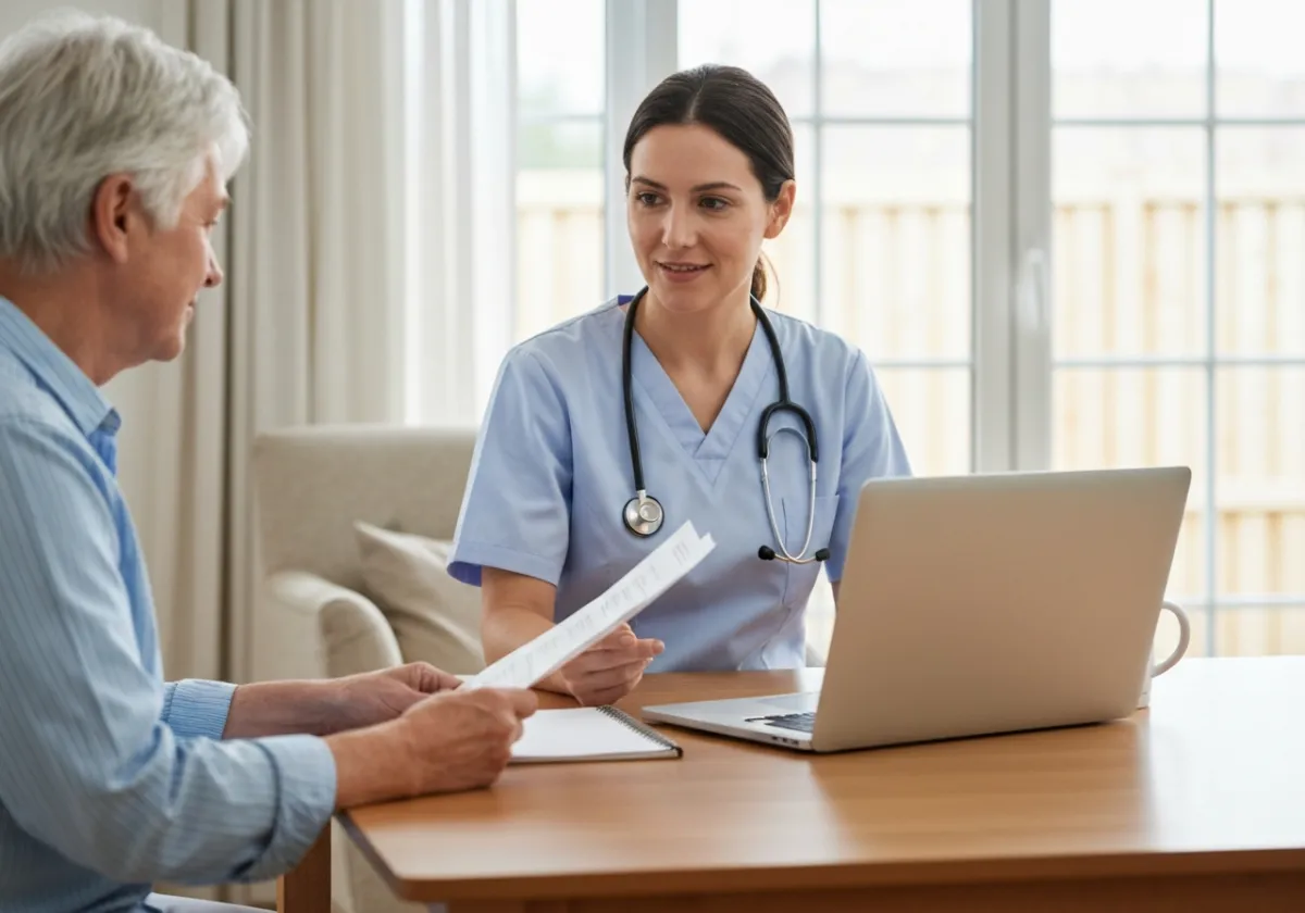 Nurse reviewing clinical care plan with patient at home using a standard laptop