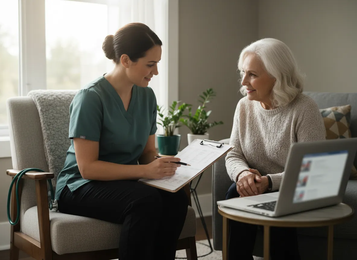 Nurse reviewing clinical care plan with patient at home