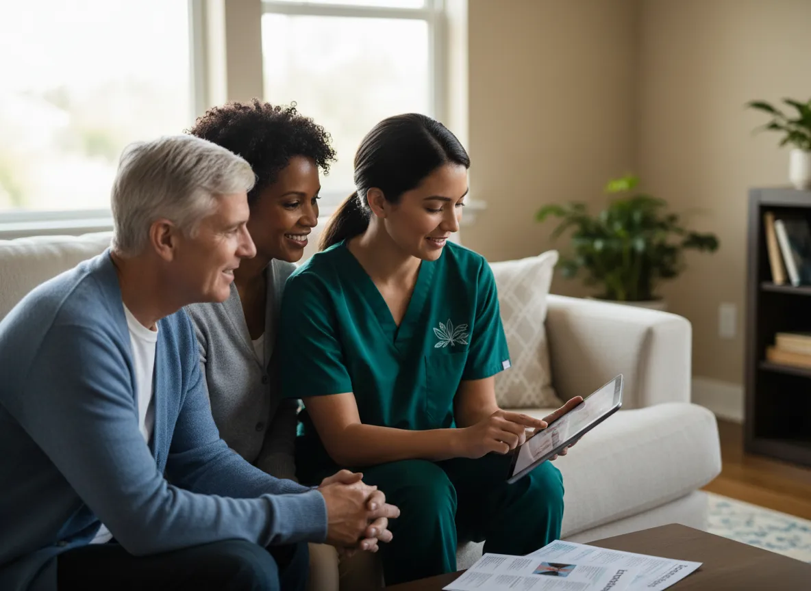 Family speaking with home health nurse in living room