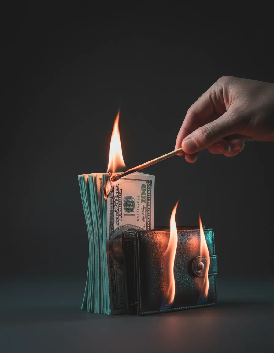 Lit match burning a stack of cash in a dark high-contrast environment