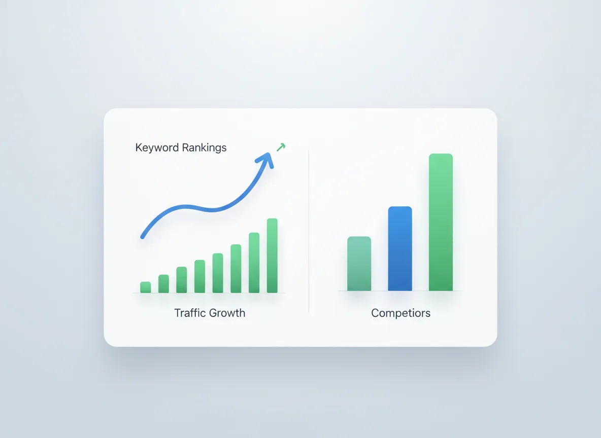 AI SEO analytics dashboard showing upward keyword rankings and traffic growth