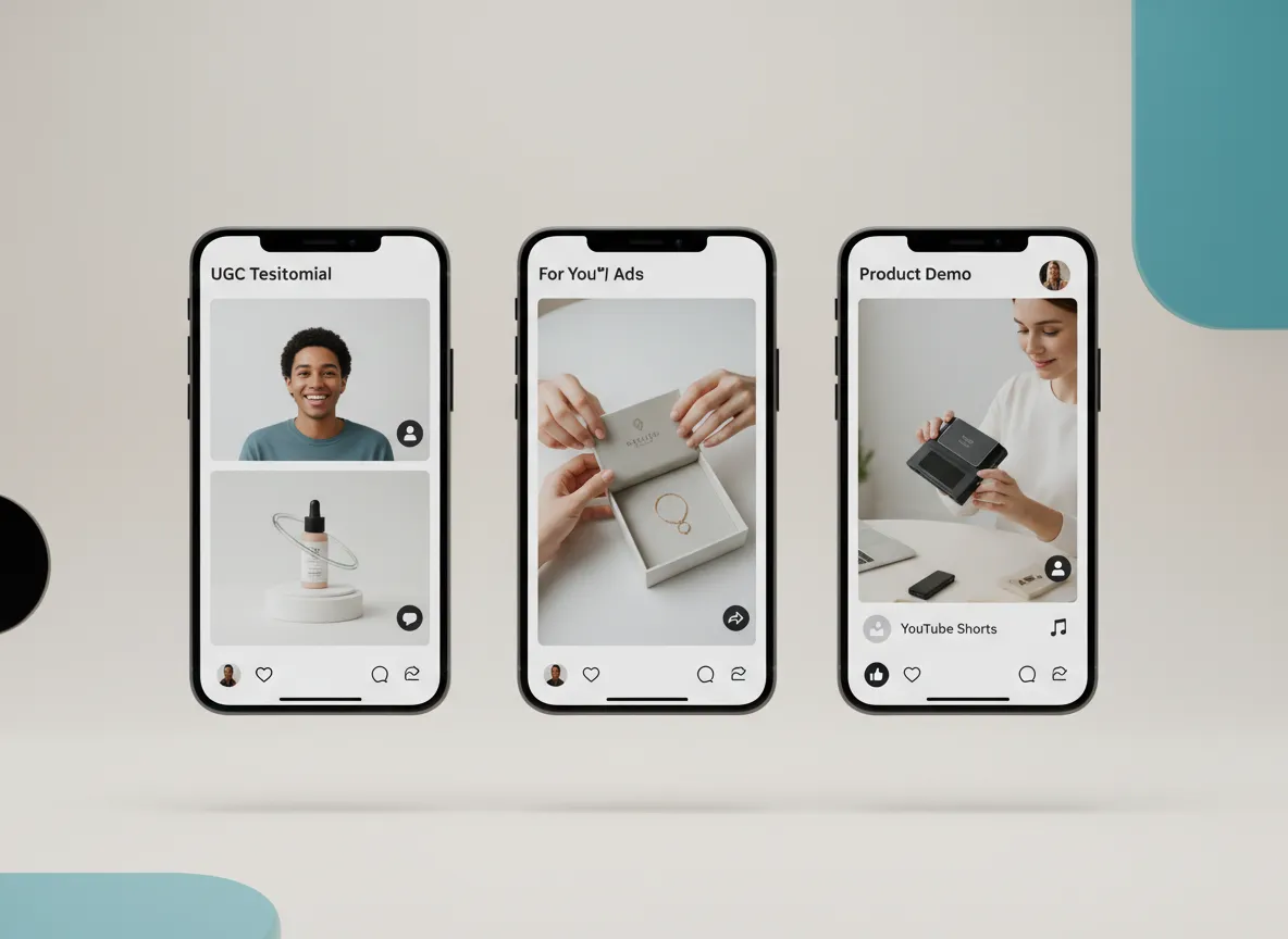 Mockup of AI UGC ads on mobile screens