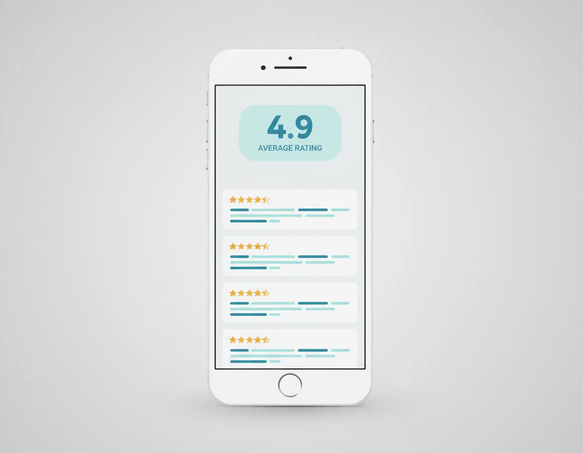 Mobile phone mockup with 5-star Google reviews
