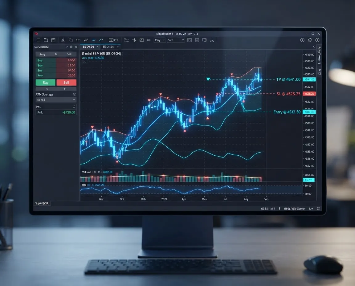 NinjaTrader 8 execution workspace displaying WP Trade Assistant interface with chart-drawn triggers and ATR brackets