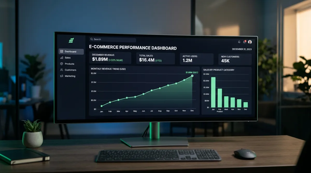 Panel de ventas e-commerce con aumento de facturación mensual