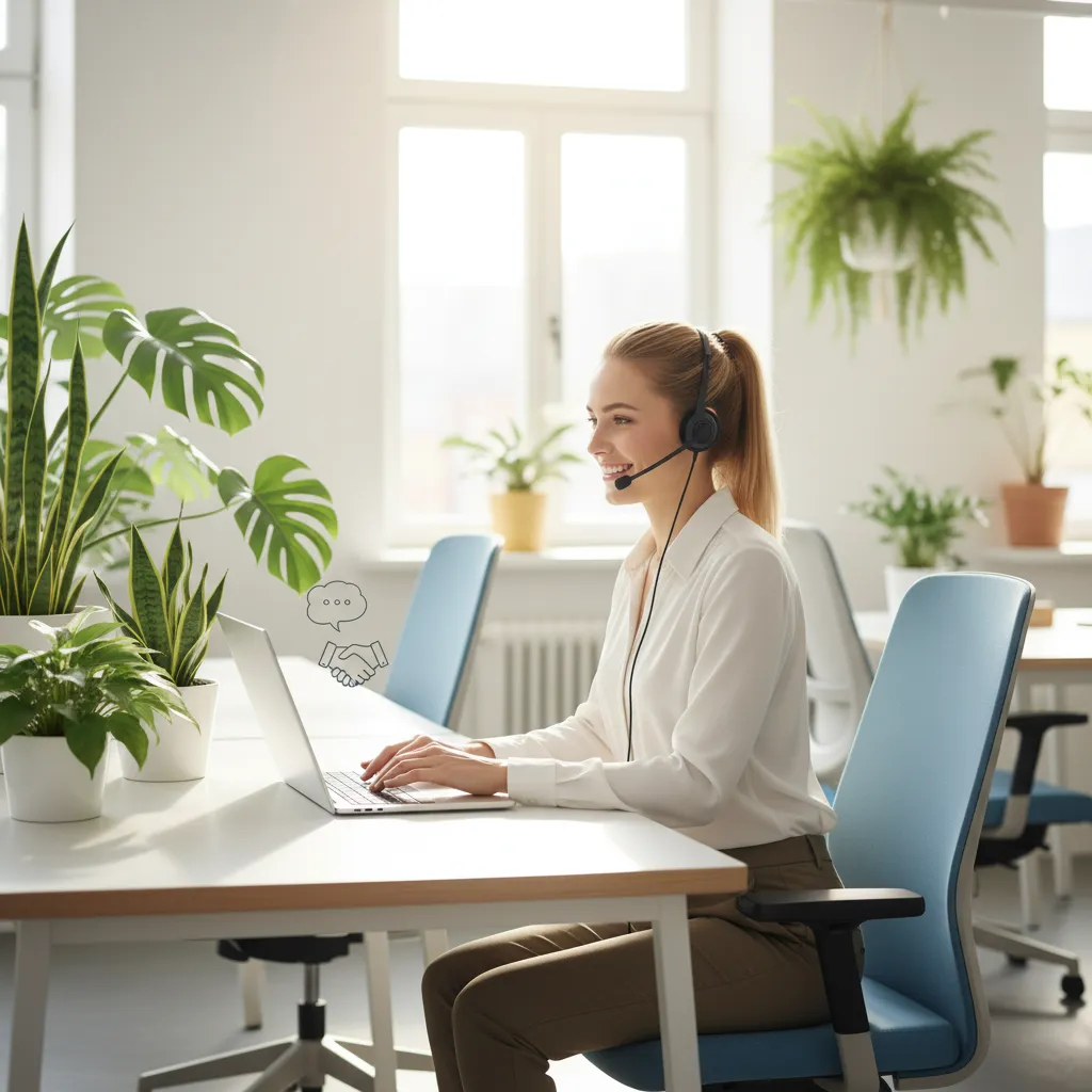A cheerful customer support agent with a headset, sitting at a modern desk with a laptop, surrounded by green plants, bright office, ready to assist clients, approachable and professional