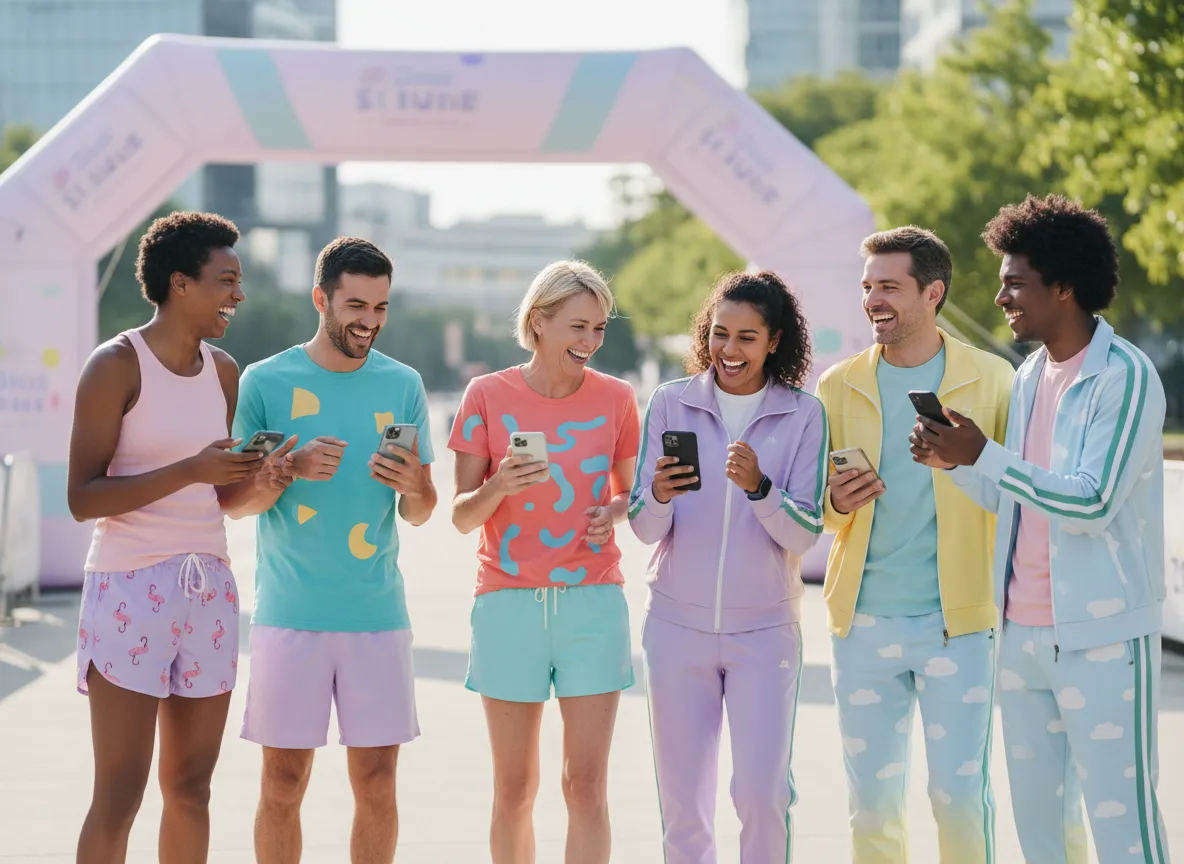 Happy runners checking motivational race day texts on their phones