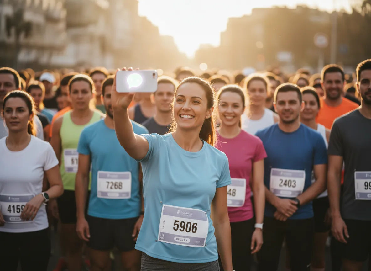 Runner at starting line smiling at motivational text on phone