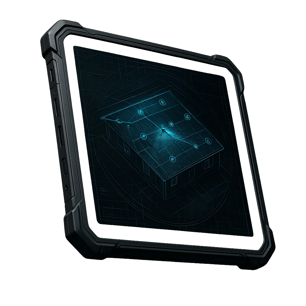 High-tech tablet cutout displaying real-time thermal AI roof analysis and damage telemetry