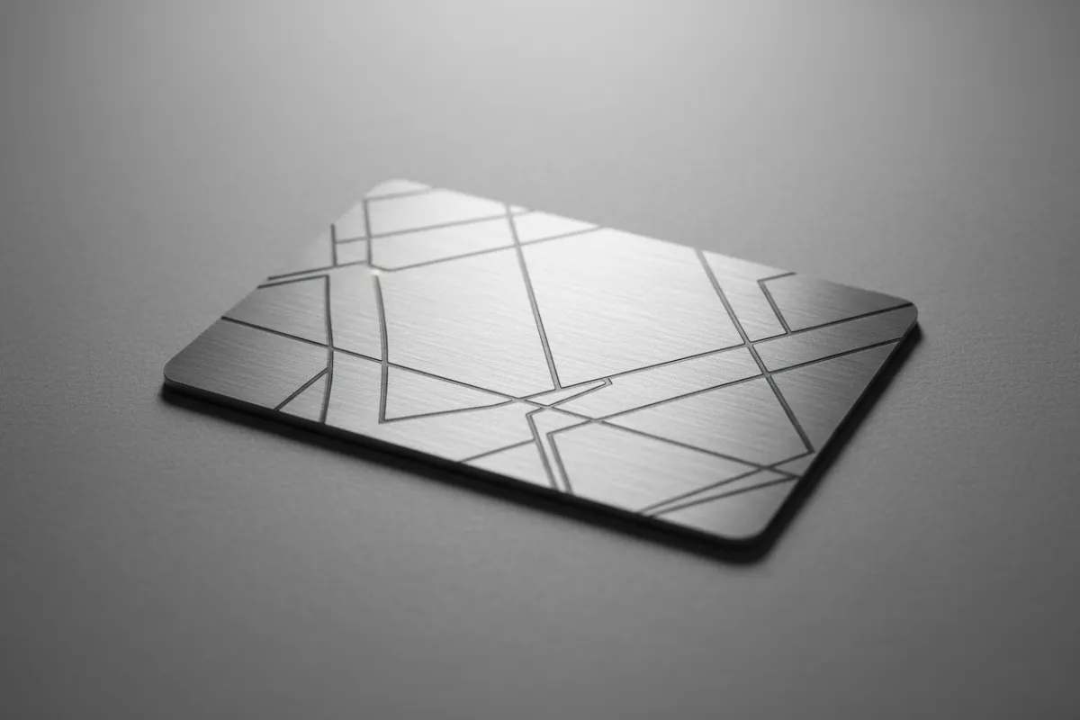 Close-up photorealistic view of a single brushed-metal wallet card on a neutral gray surface with clearly visible engraved text.