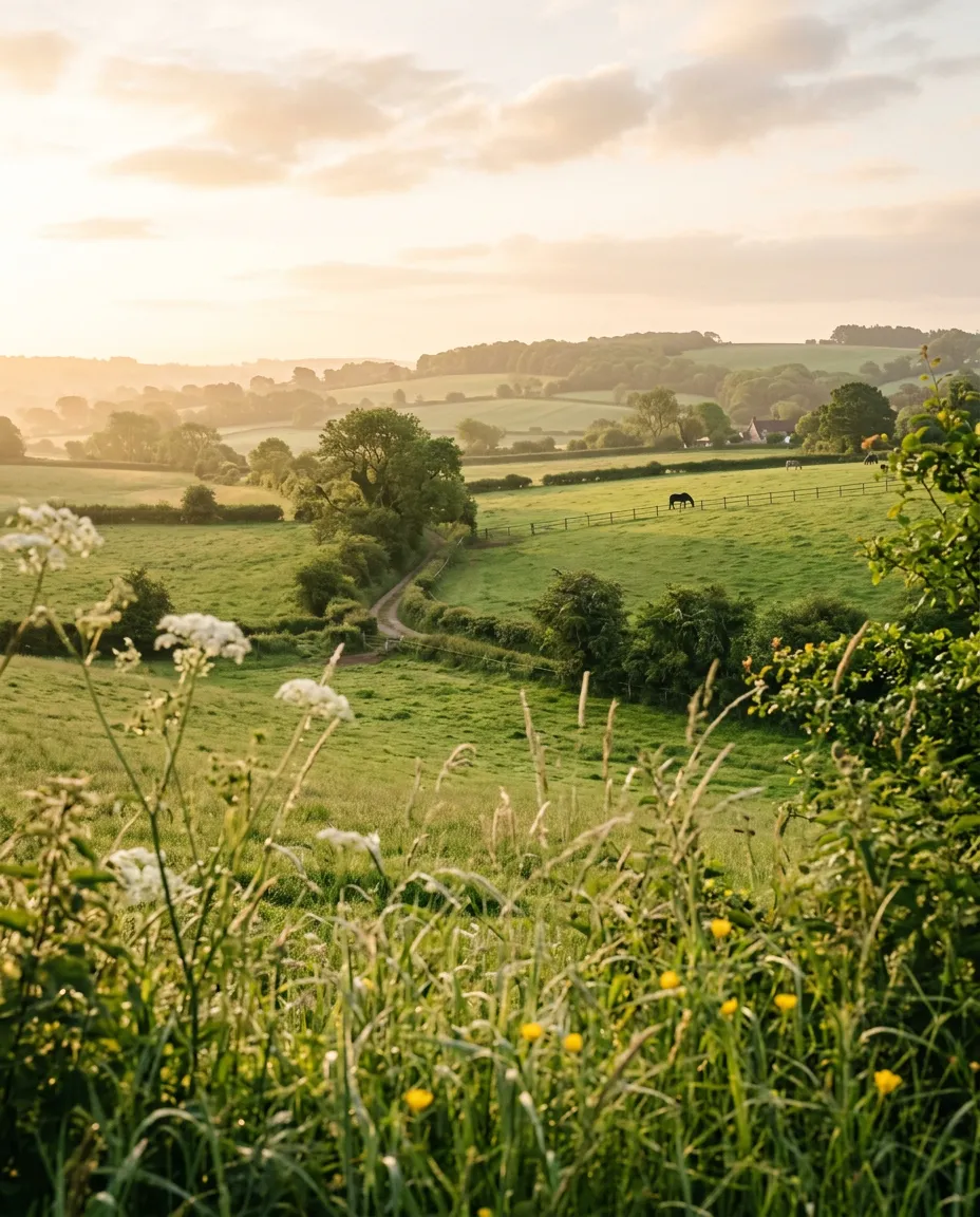 Bright, peaceful morning sunlight over quiet country fields and wildflowers