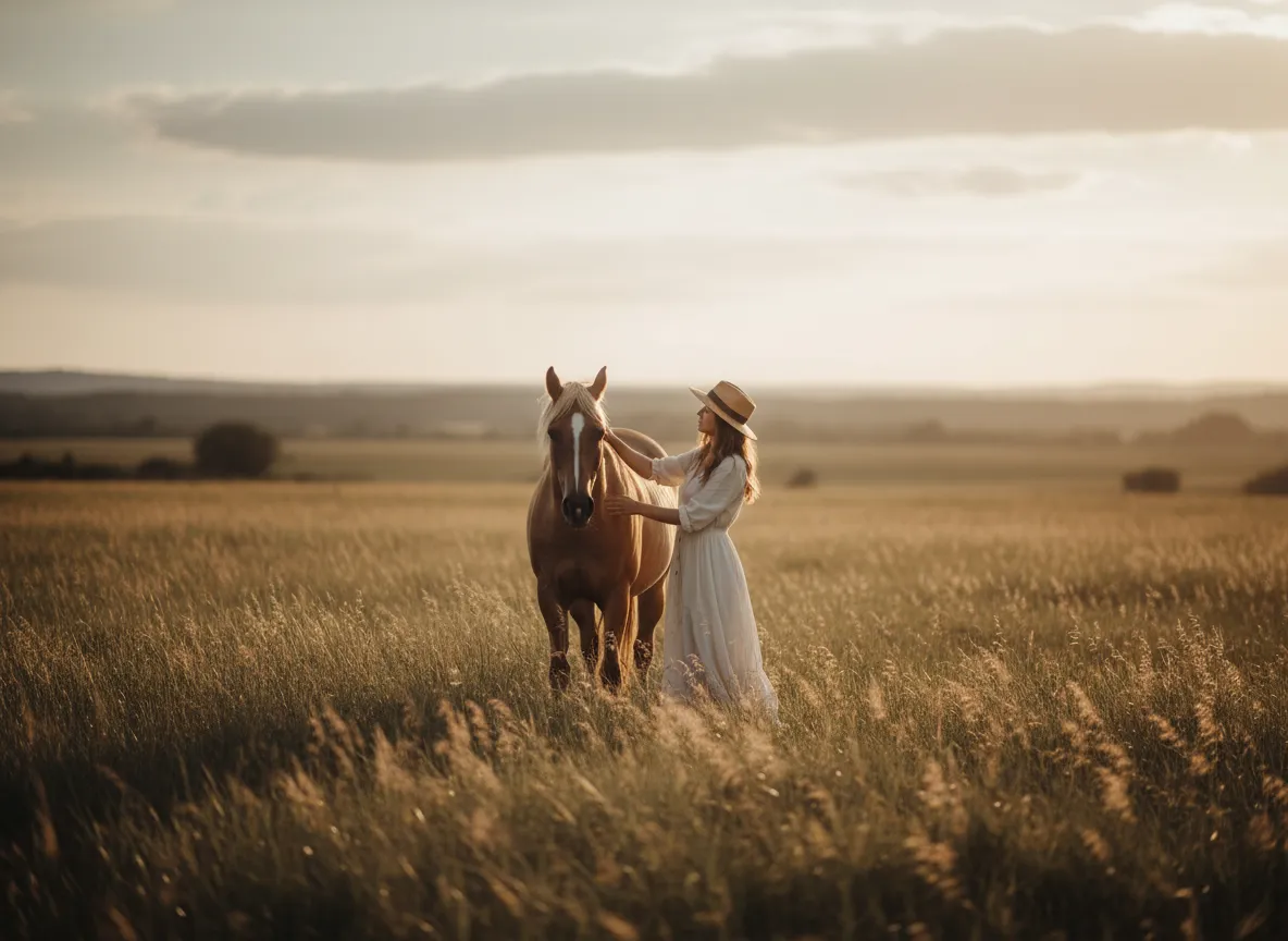Woman standing peacefully with a horse in a rural field at sunset