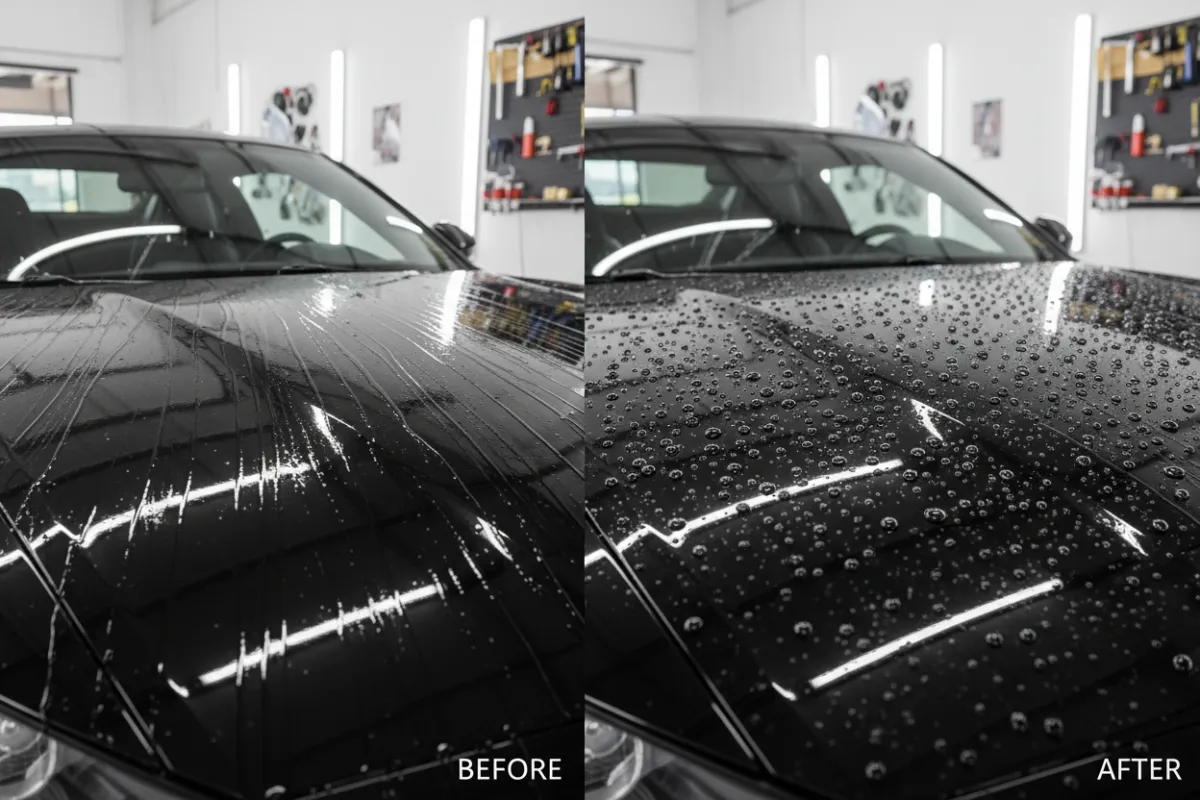 Ceramic coating curing result on a black coupe showing strong water beading and mirror finish.