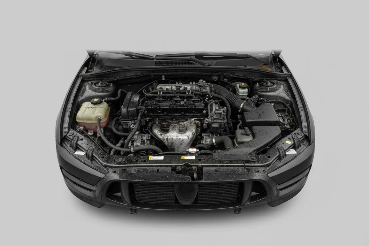 Engine bay detail before-and-after with grime removed and components clean and protected.